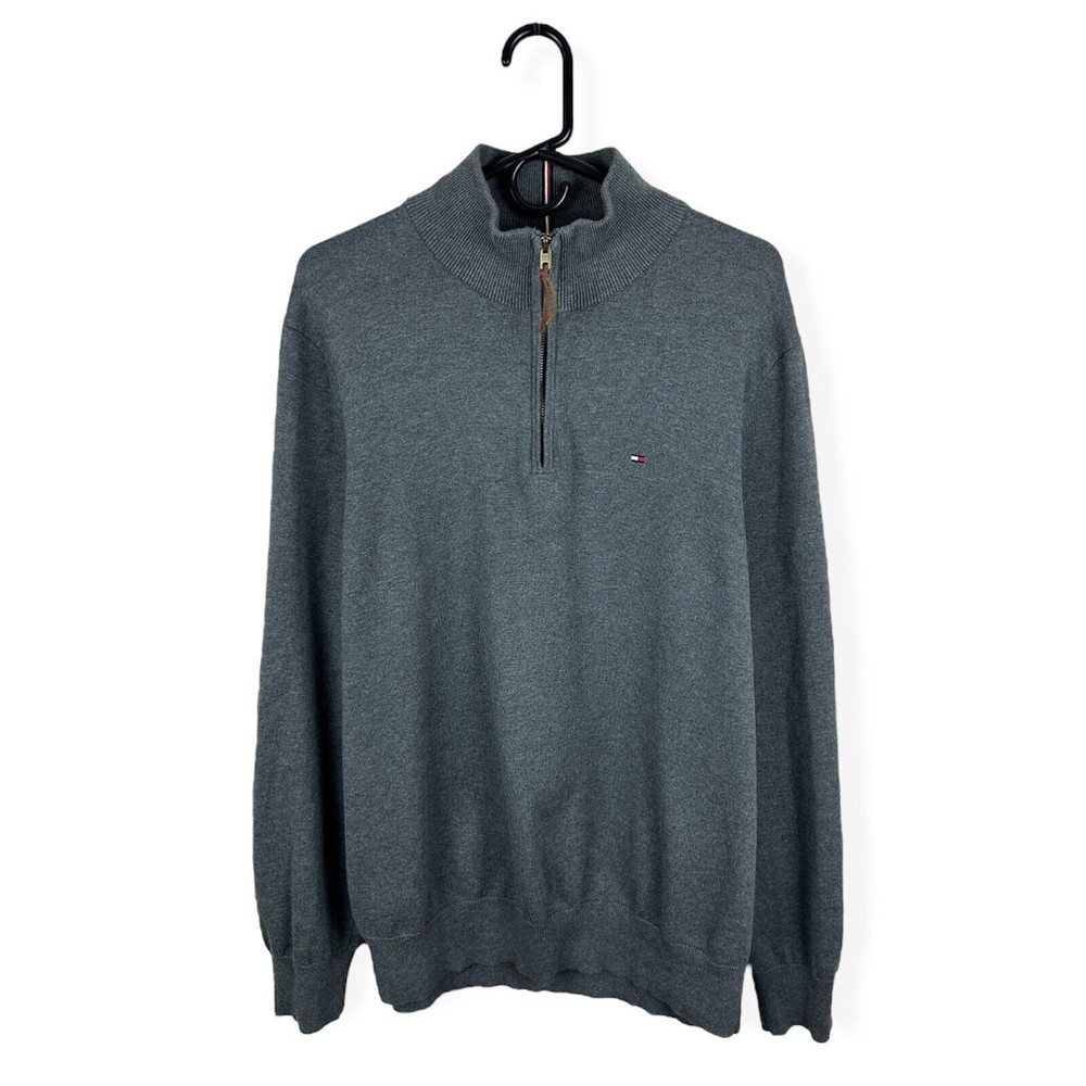 Tommy Hilfiger Men's Quarter Zip Sweater Logo Cotton Dark Gray XL